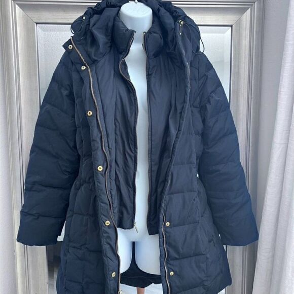 COLE HAAN Women's Taffeta Down Coat with Bib Front and Dramatic Hood, Black, SP - Picture 6 of 9